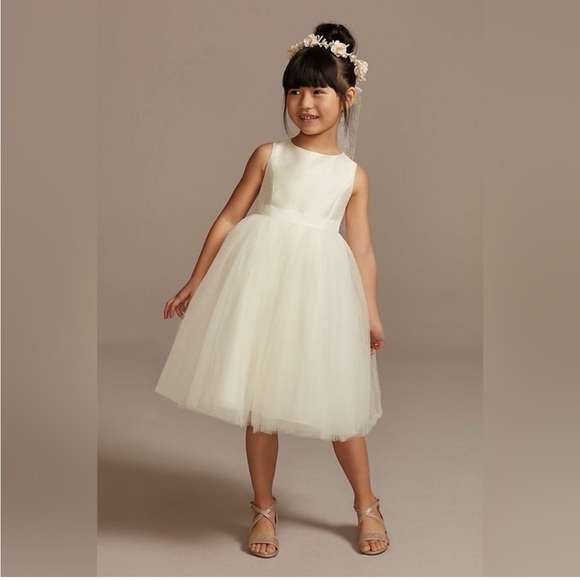 NWT David’s Bridal Girls “Satin and Tulle” Dress & Floral Headpiece, Ivory sz 3 - Picture 1 of 16
